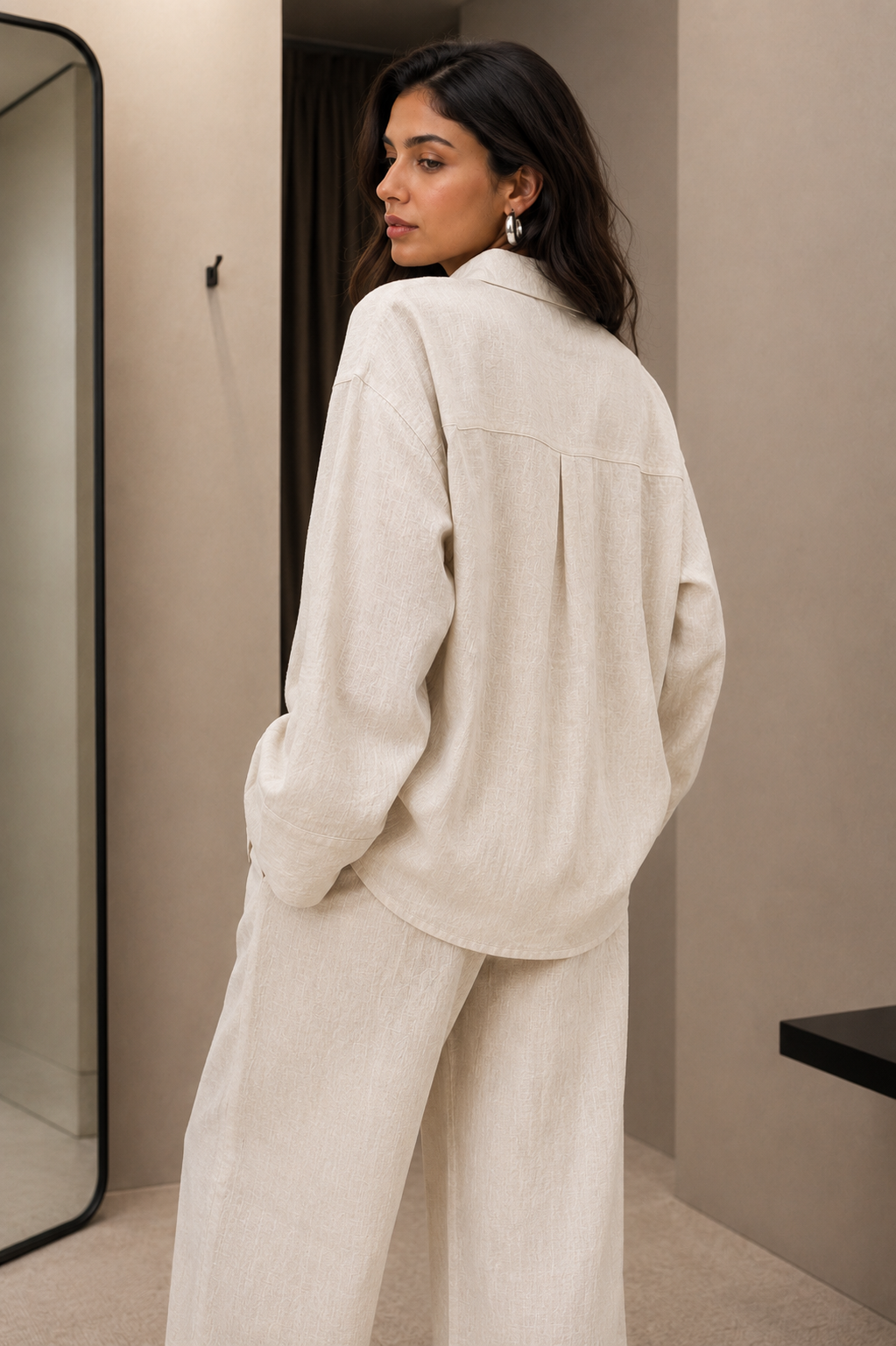 Beige Linen-Blend Wide Leg Trousers