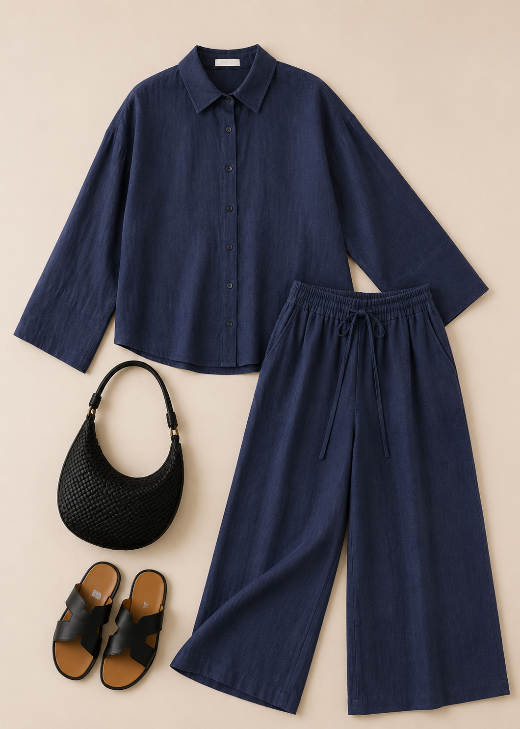 Navy Blue Linen-Blend Co-ord Set