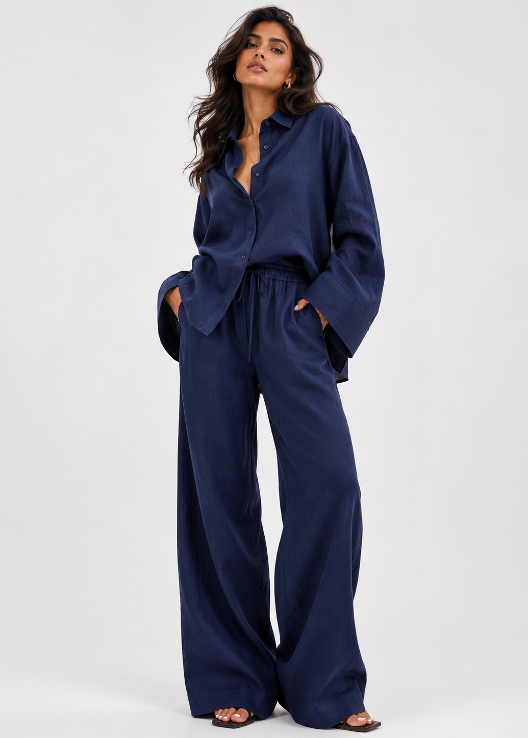 Navy Blue Linen-Blend Wide Leg Trousers