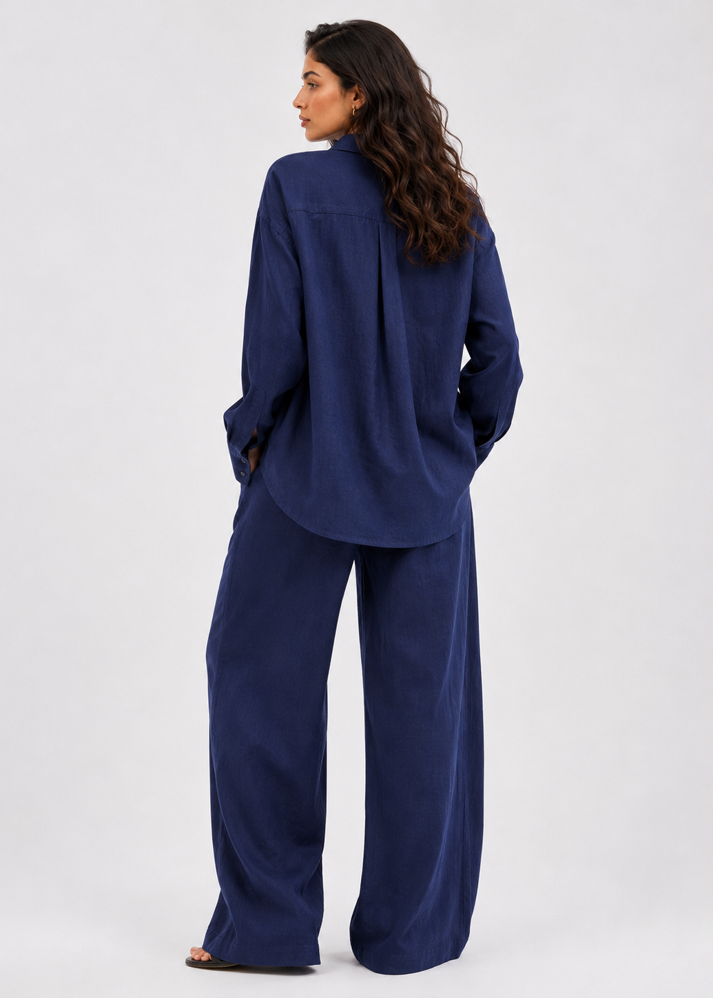 Navy Blue Linen-Blend Wide Leg Trousers