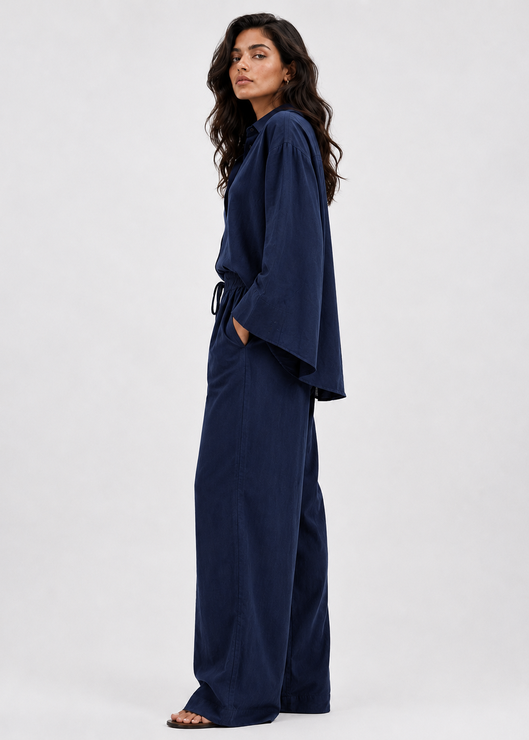 Navy Blue Linen-Blend Wide Leg Trousers