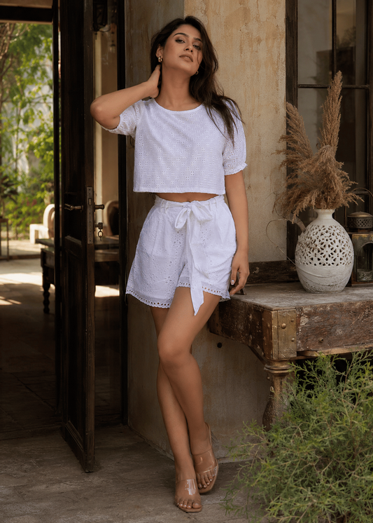 Embroidered Cotton Puff Sleeve Co-ord Set