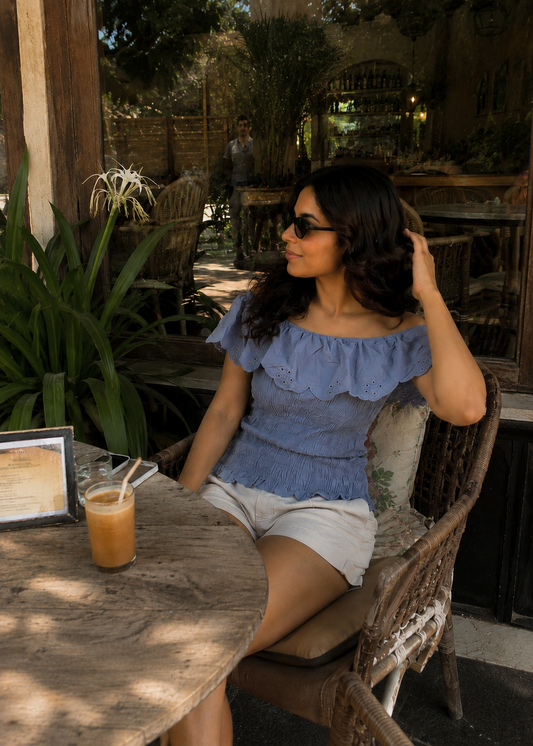 Laser Cut Self Design Off Shoulder Cotton Top