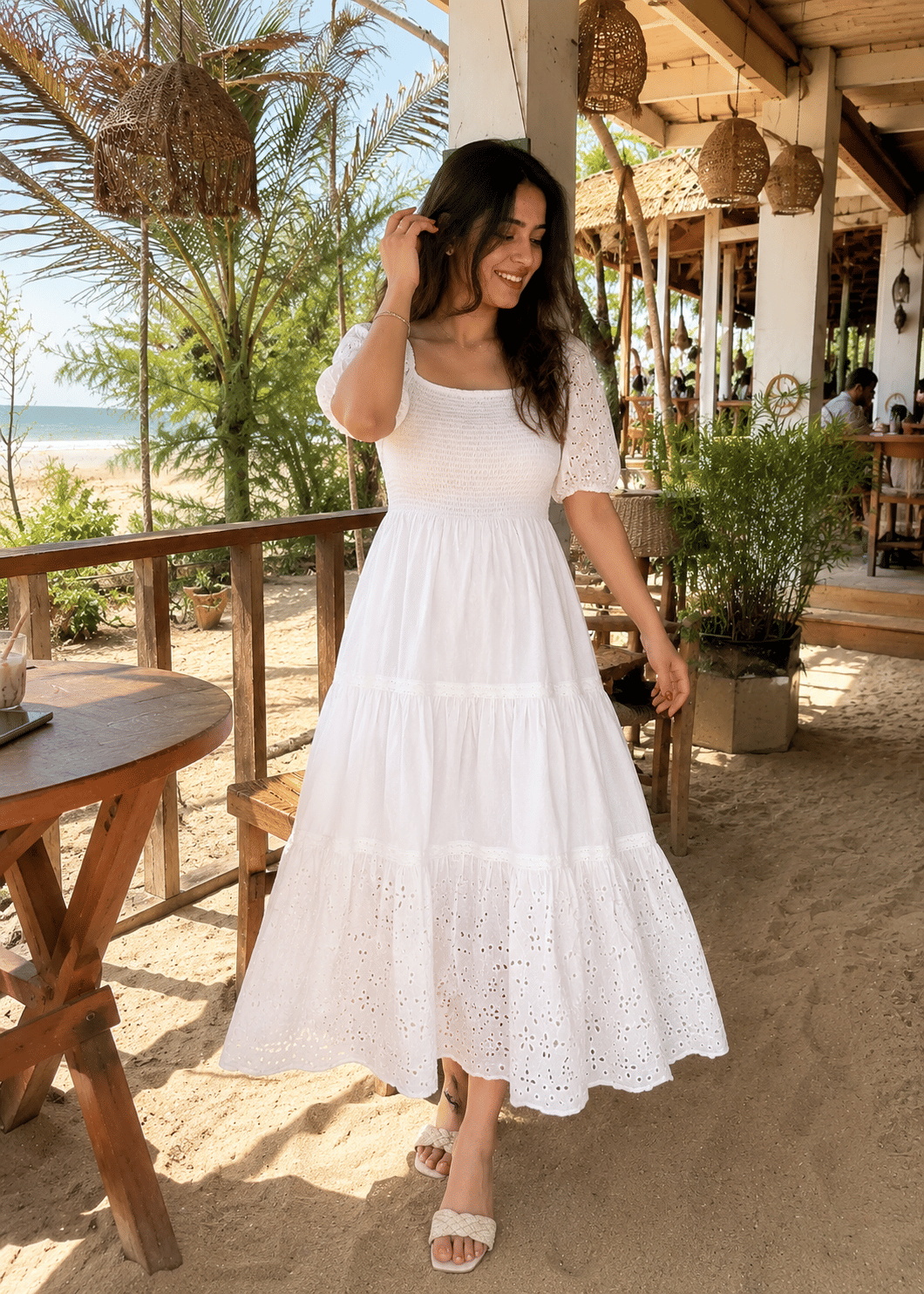 White Schiffli Puff Sleeve Dress