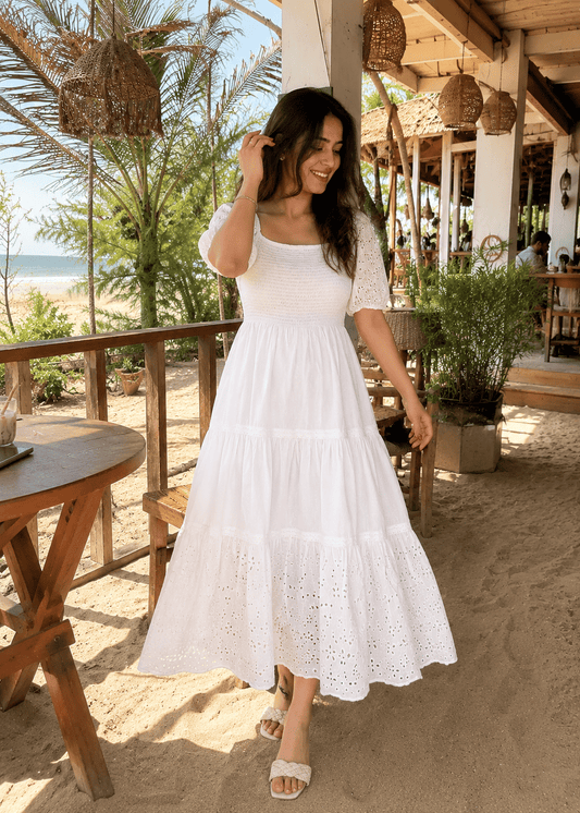 White Schiffli Puff Sleeve Dress
