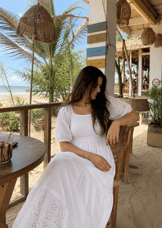 White Schiffli Puff Sleeve Dress