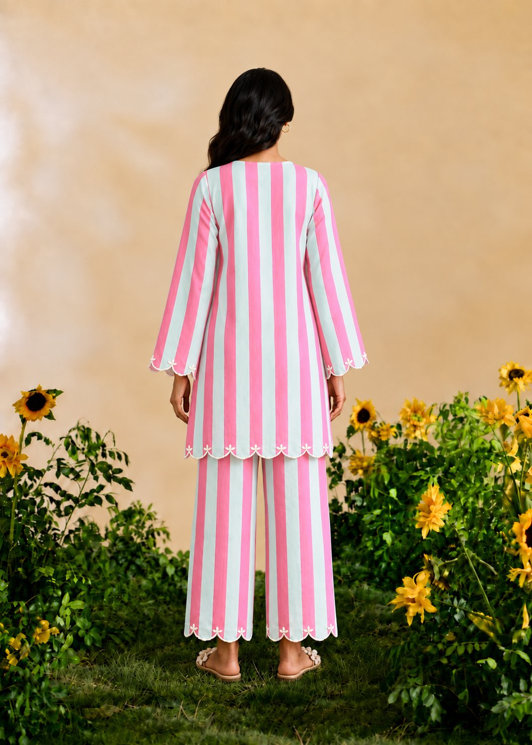 Firoza Fuchsia Pink and Hue of Blue Stripe Embroidered Cotton Co-ord Set