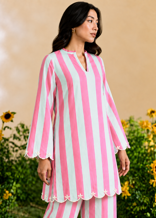 Firoza Fuchsia Pink and Hue of Blue Stripe Embroidered Cotton Co-ord Set