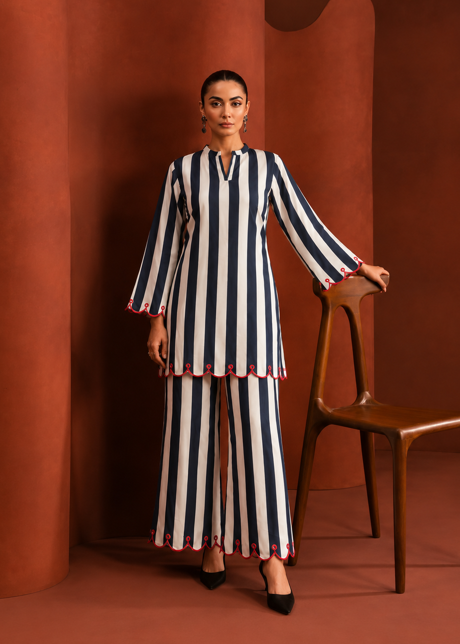 Neelika Navy Stripe Embroidered Cotton Co-ord Set
