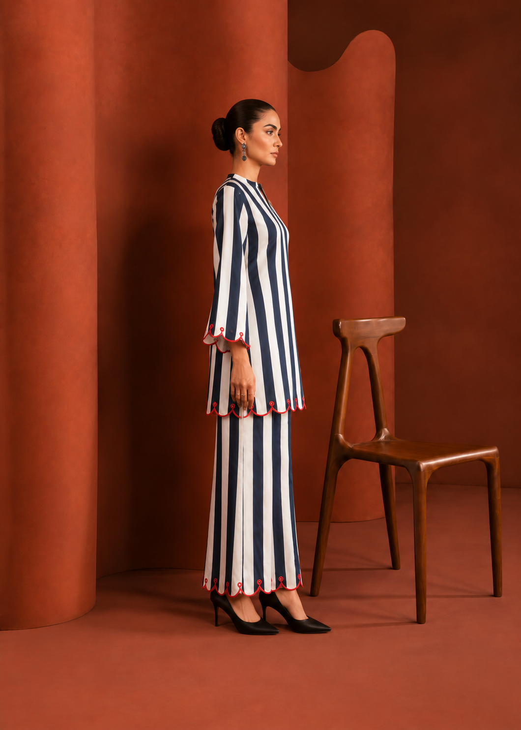 Neelika Navy Stripe Embroidered Cotton Co-ord Set