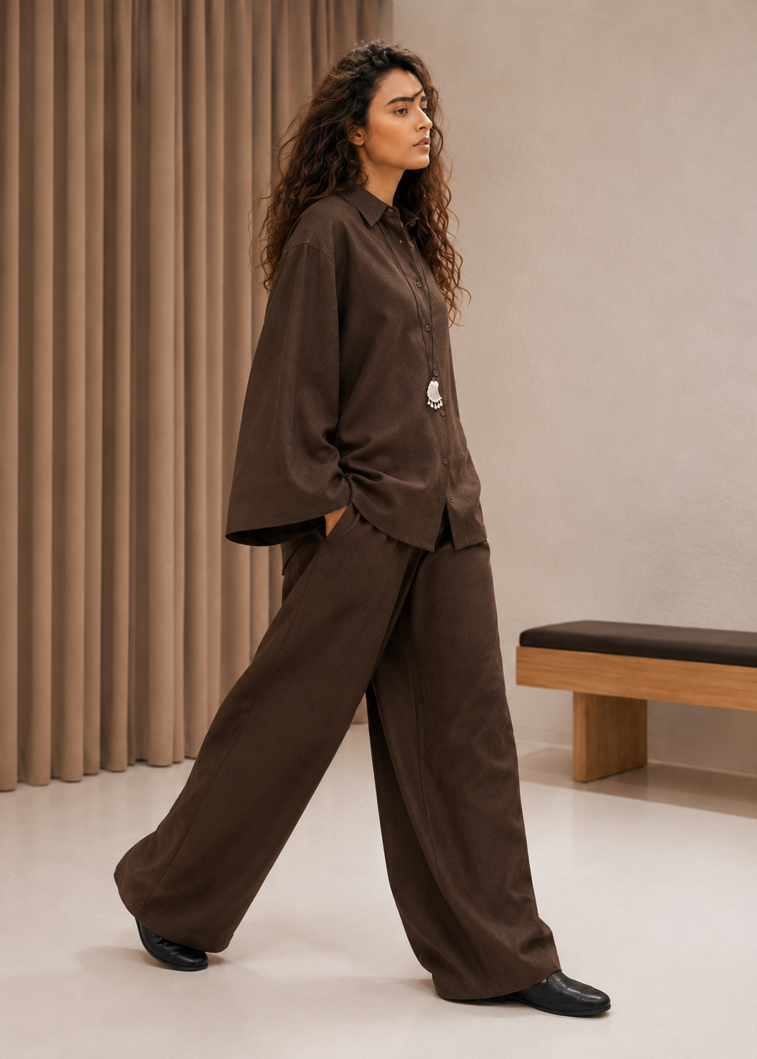 Chocolate Brown Linen-Blend Co-ord Set