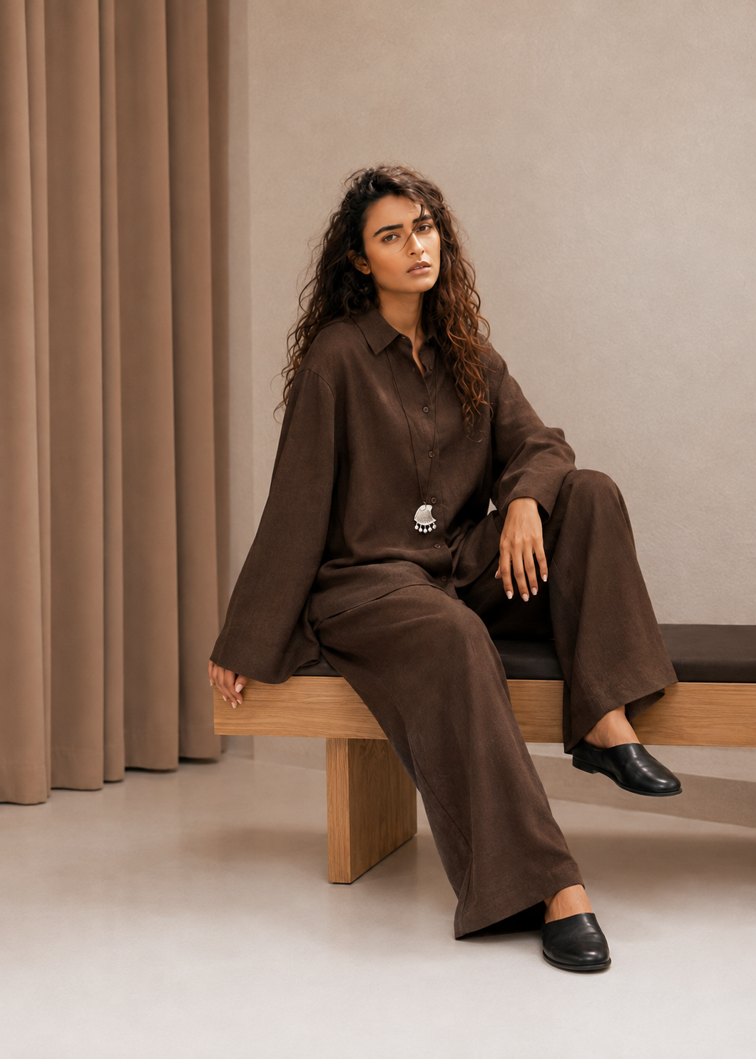 Chocolate Brown Linen-Blend Co-ord Set