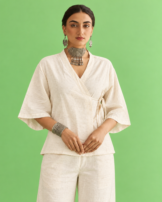 Beige Linen Angrakha Co-ord Set