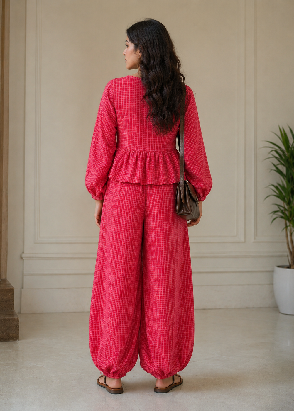 Raspberry Gingham Peplum Co-ord Set
