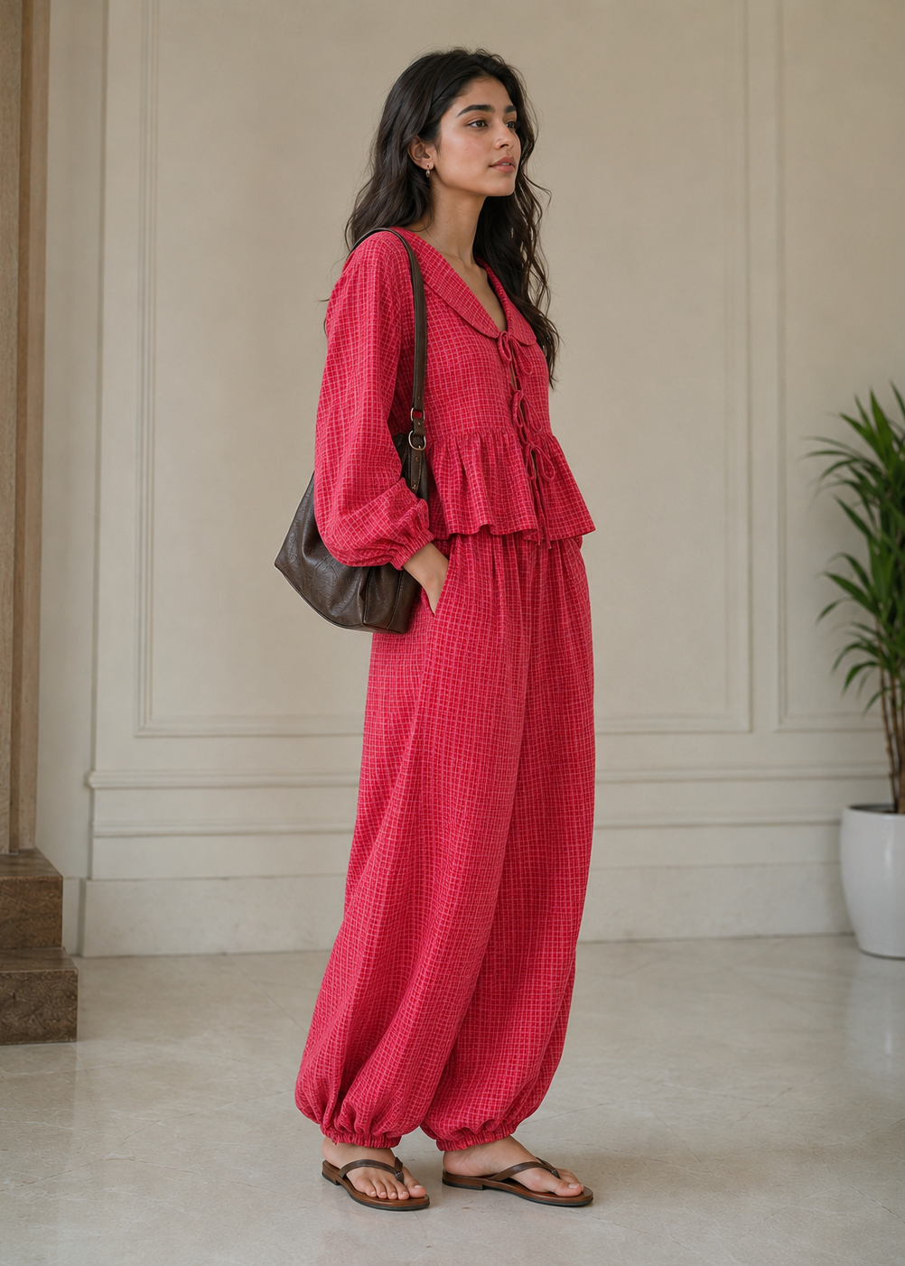 Raspberry Gingham Peplum Co-ord Set