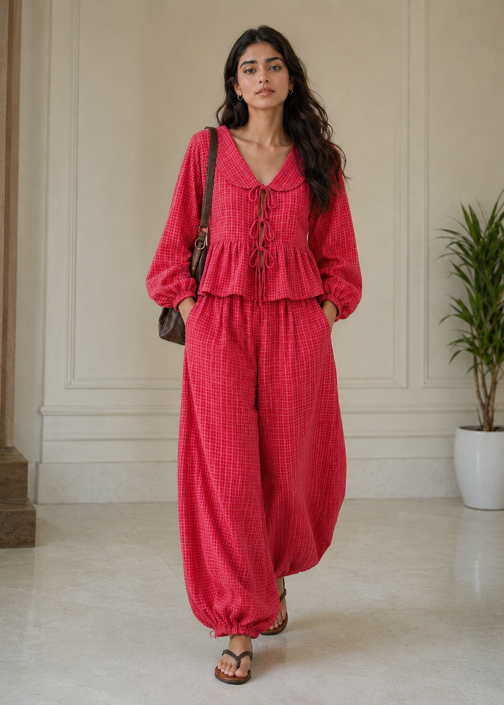 Raspberry Gingham Peplum Co-ord Set