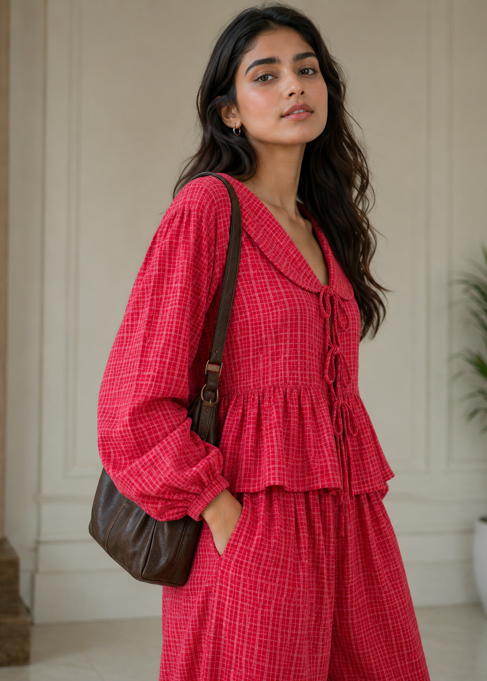 Woman wearing a red checkered outfit with a brown bag indoors.