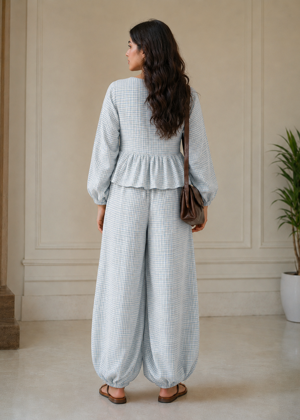 Powder Blue Gingham Peplum Co-ord Set