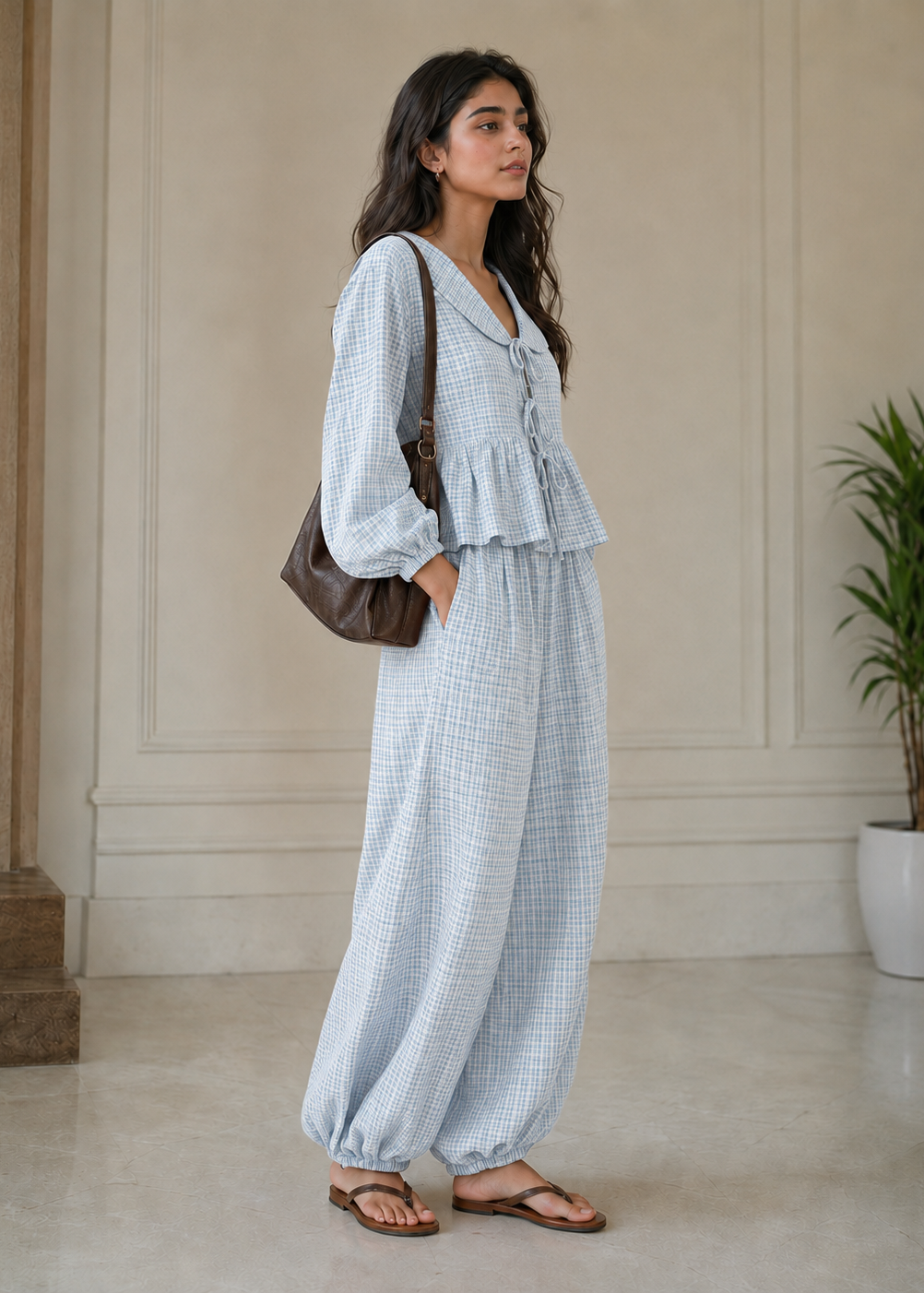 Powder Blue Gingham Peplum Co-ord Set
