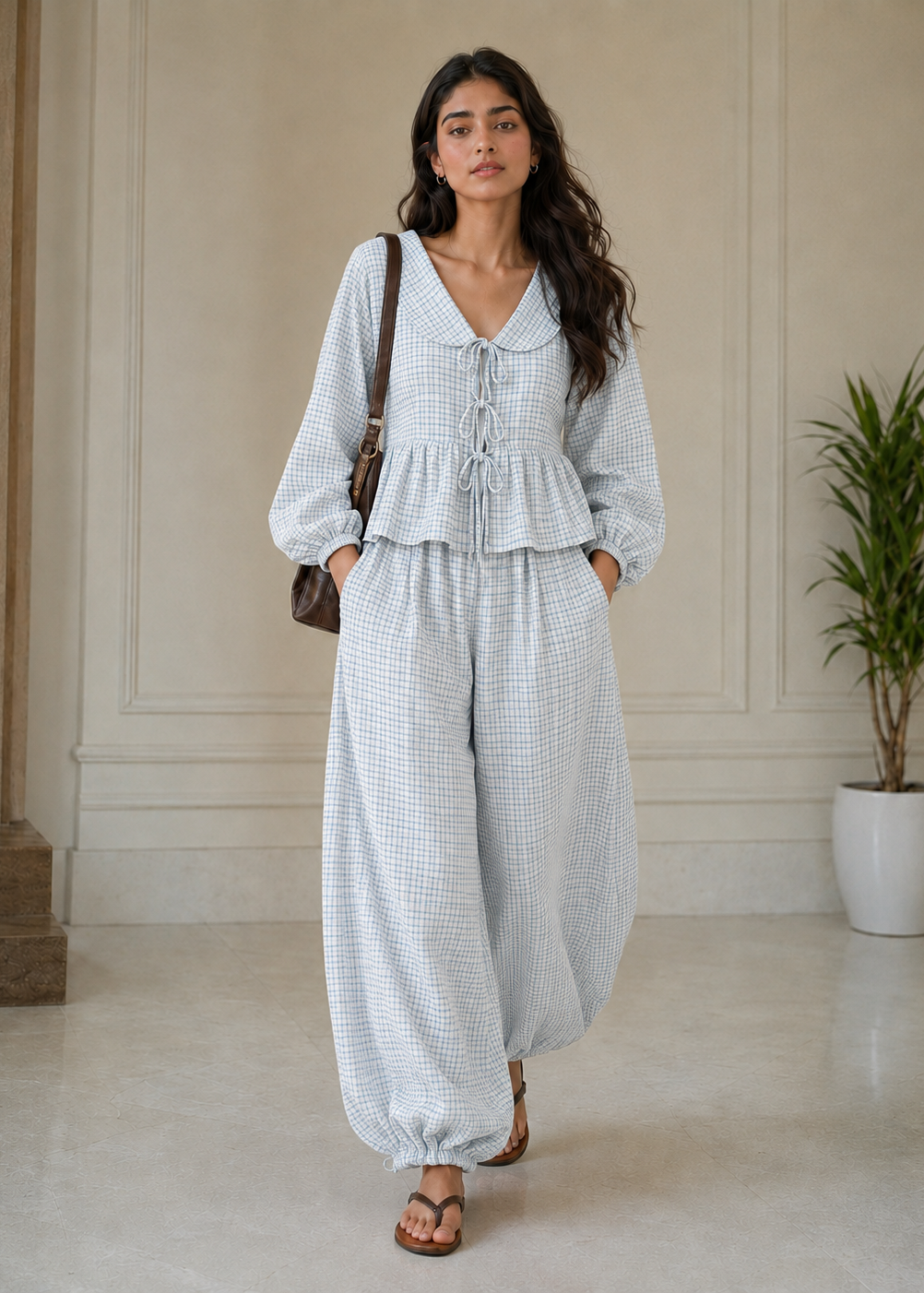Powder Blue Gingham Peplum Co-ord Set