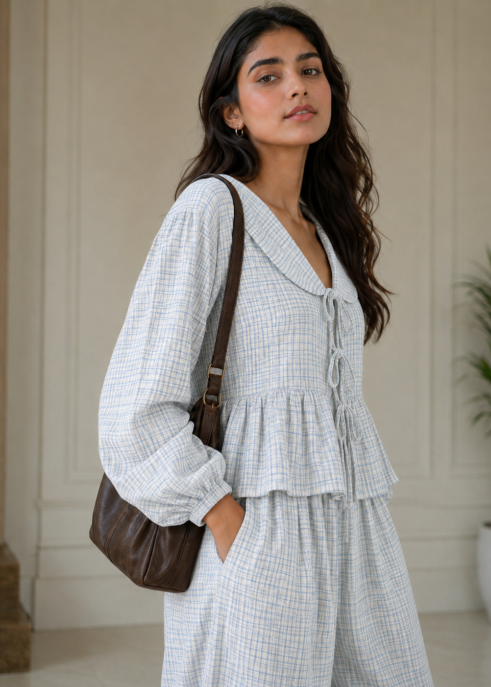 Powder Blue Gingham Peplum Co-ord Set