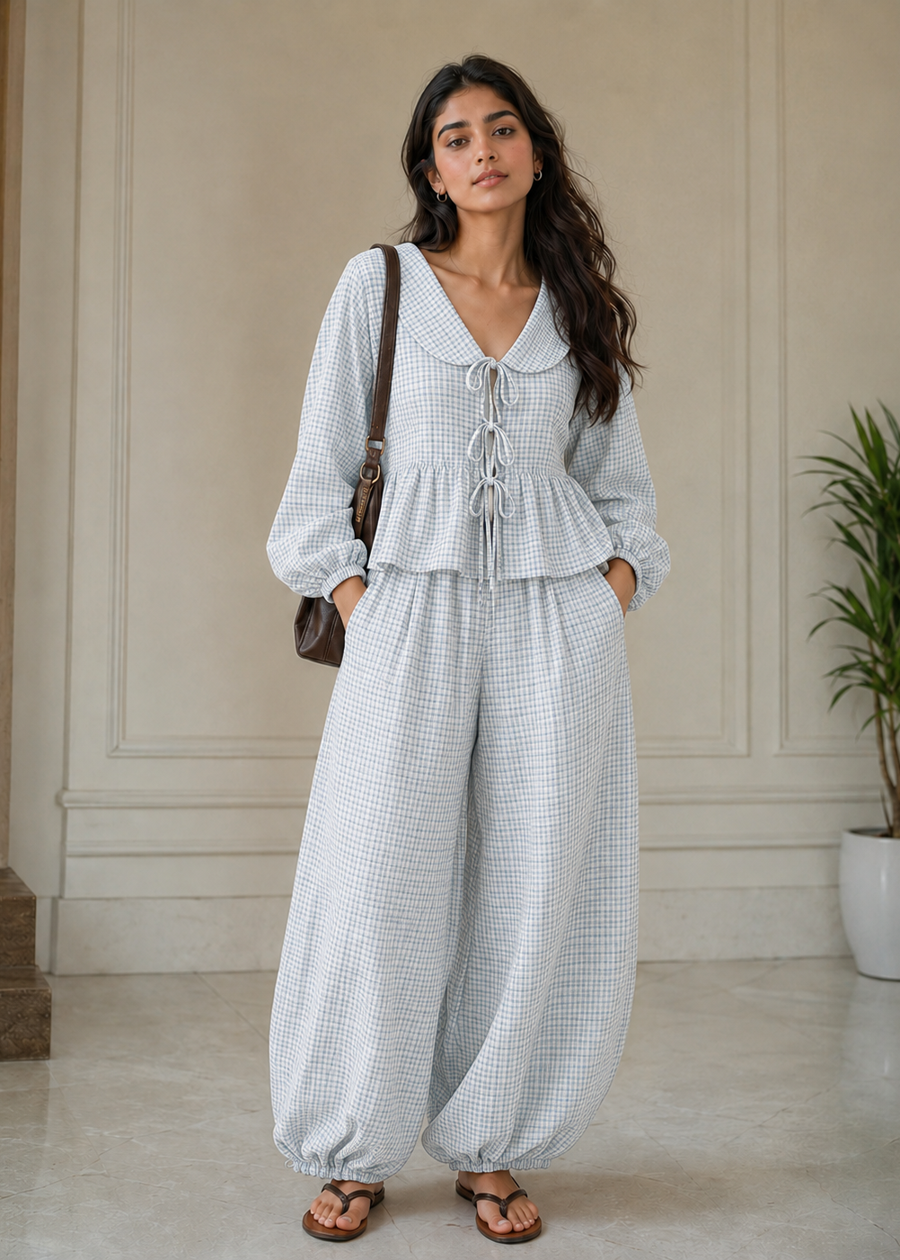 Powder Blue Gingham Peplum Co-ord Set
