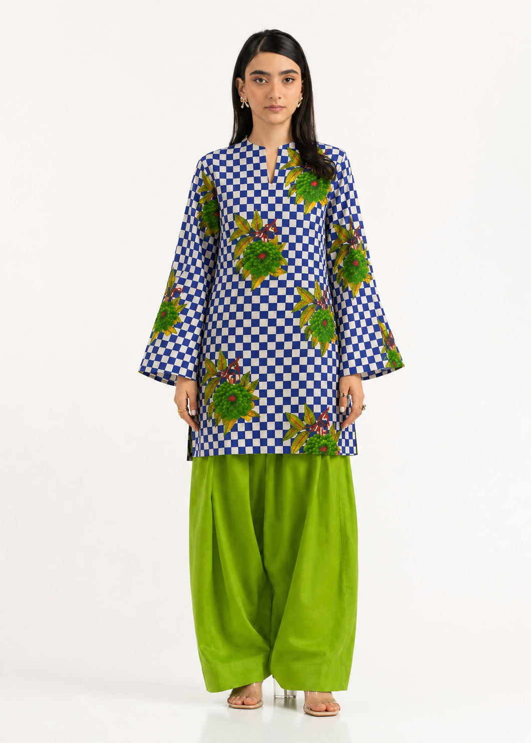 Floral Gingham Green Pure Cotton Farshi Salwar Co-Ord Set