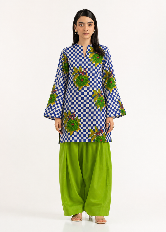Floral Gingham Green Pure Cotton Farshi Salwar Co-Ord Set