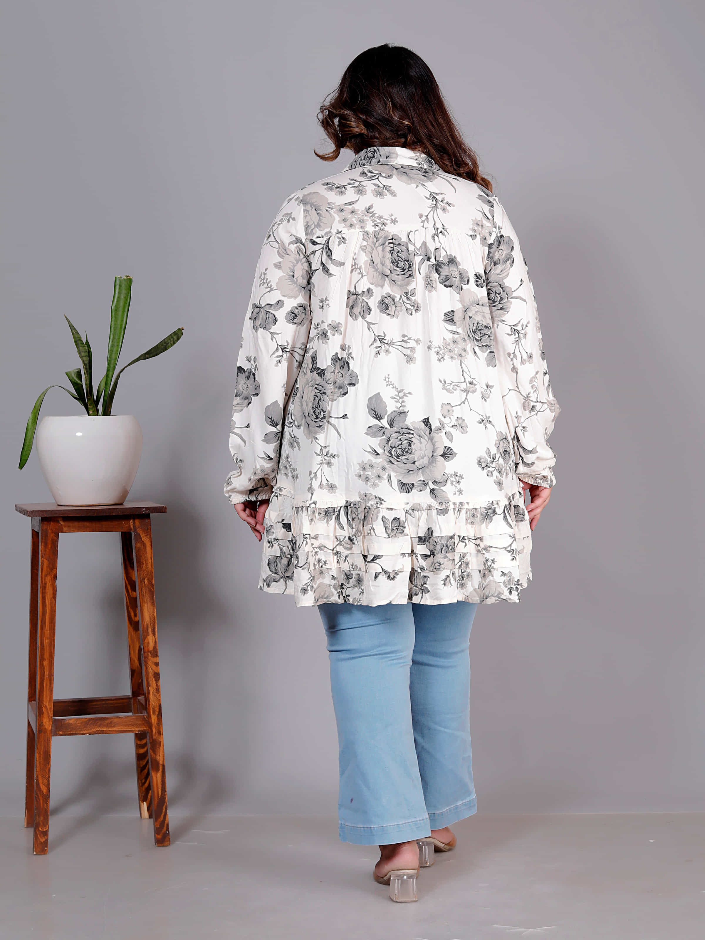 Ivory Noir Floral Ruffle Tunic Mini Dress - Plus Size
