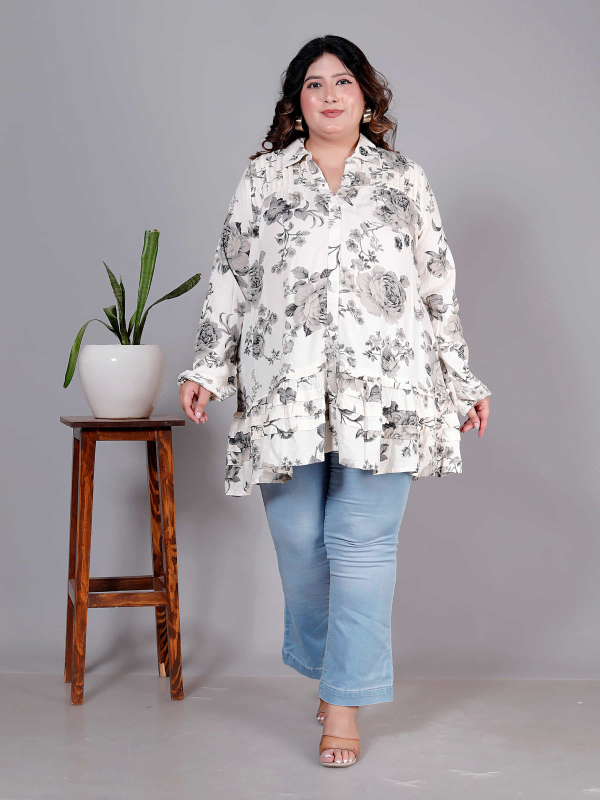 Ivory Noir Floral Ruffle Tunic Mini Dress - Plus Size