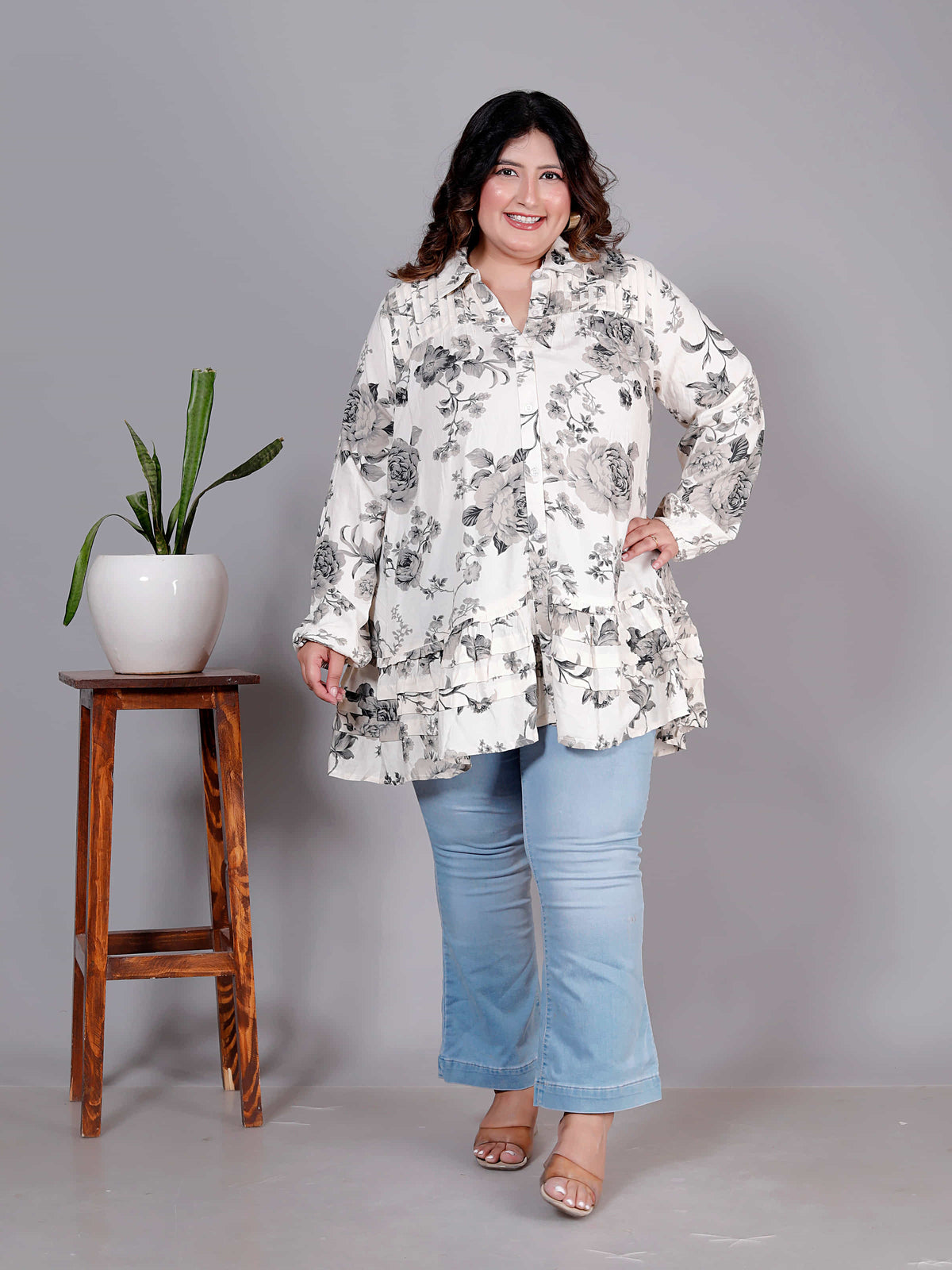 Ivory Noir Floral Ruffle Tunic Mini Dress - Plus Size