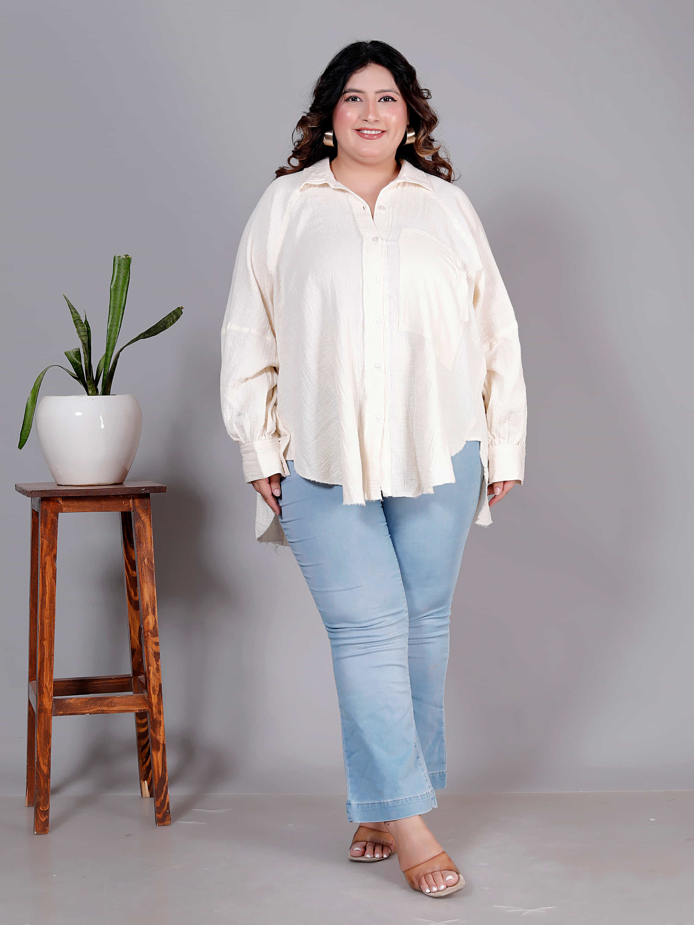 Ivory Ease Textured Oversized Shirt - Plus Size