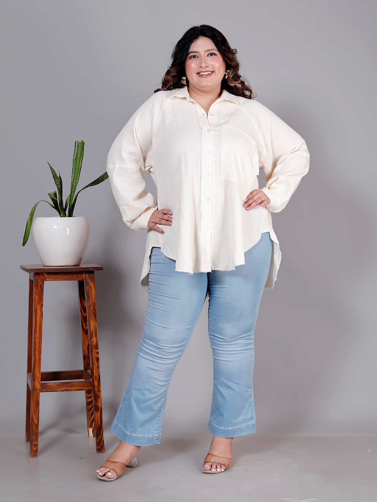 Ivory Ease Textured Oversized Shirt - Plus Size