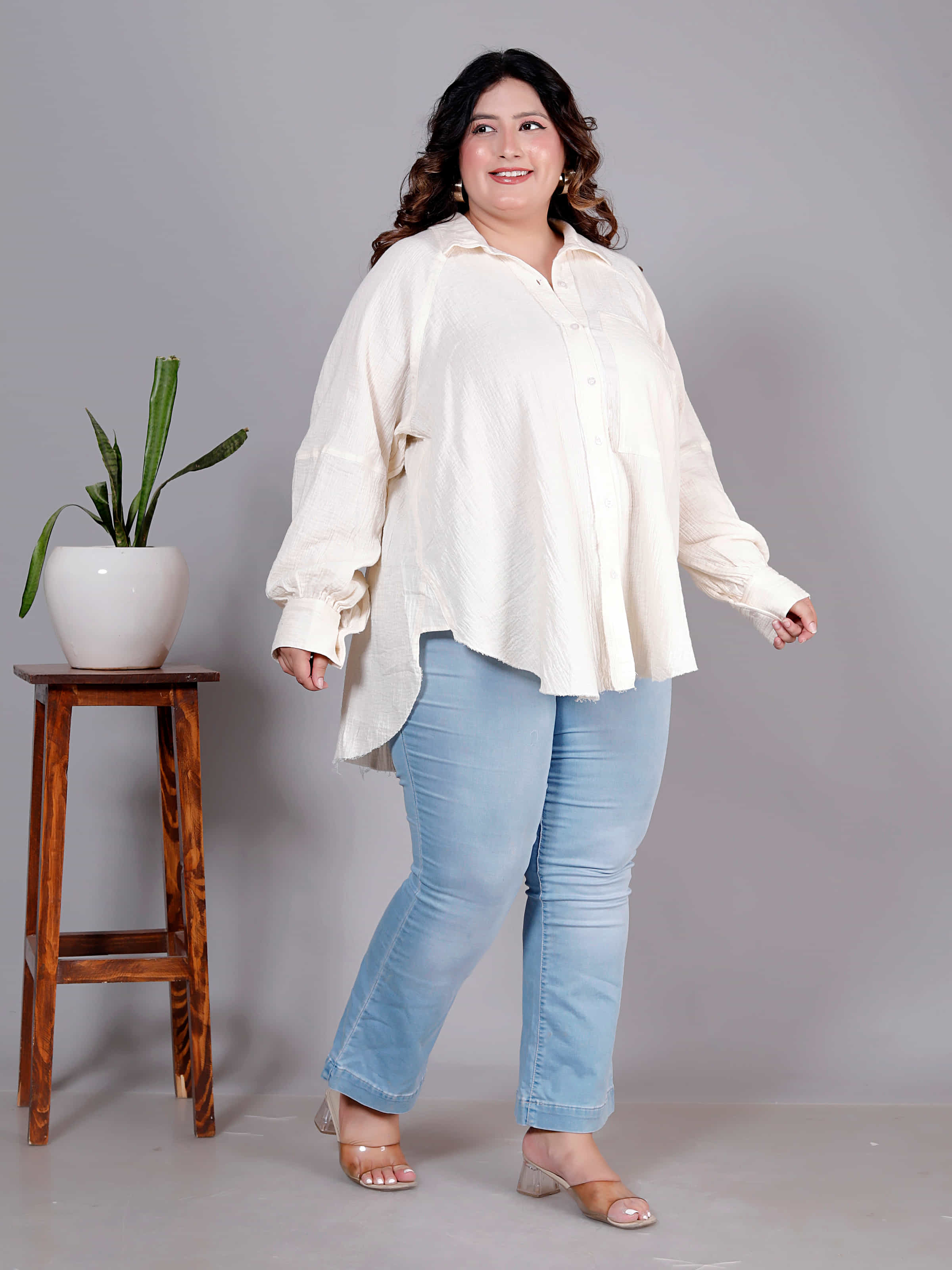 Ivory Ease Textured Oversized Shirt - Plus Size