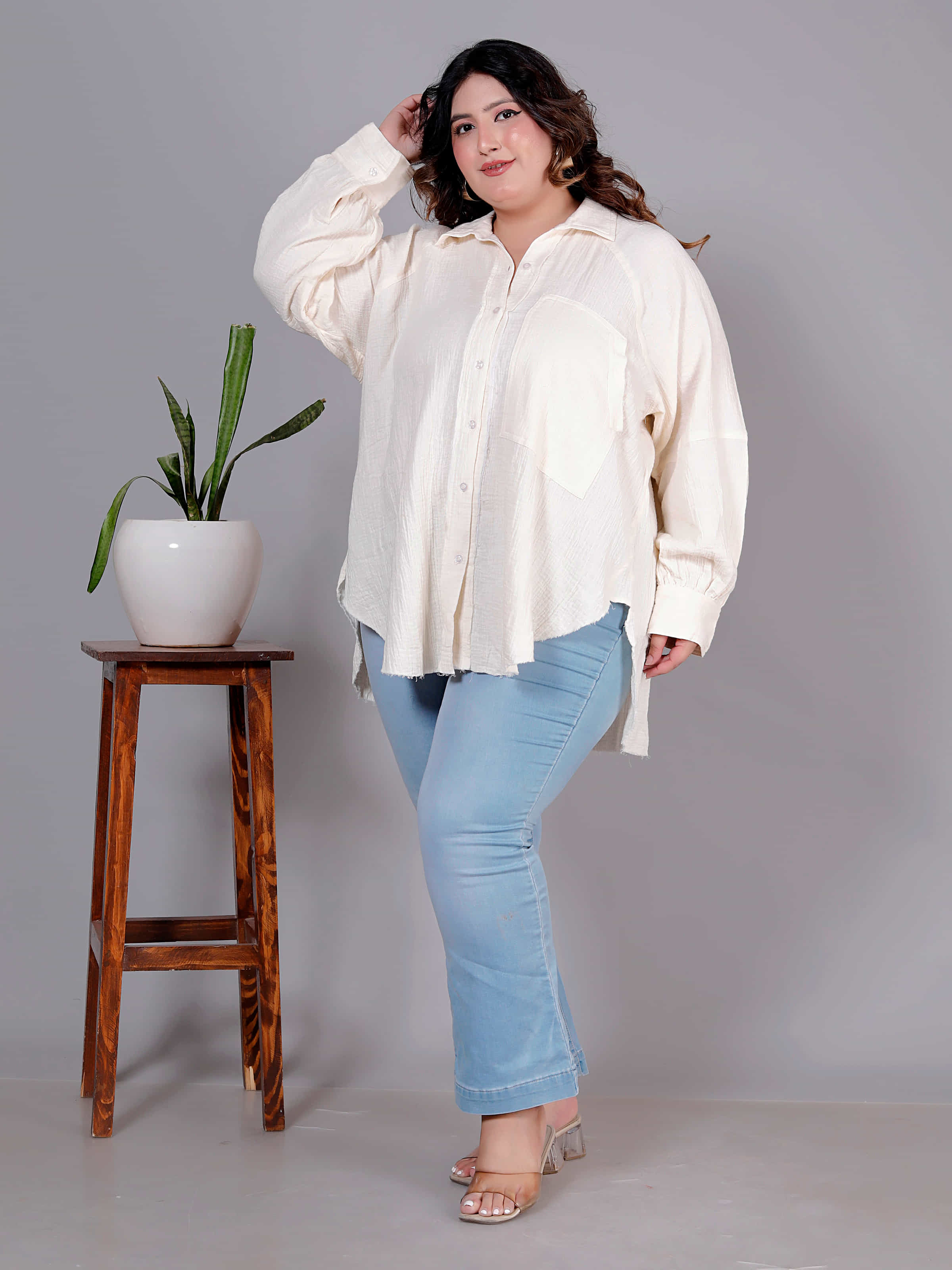 Ivory Ease Textured Oversized Shirt - Plus Size