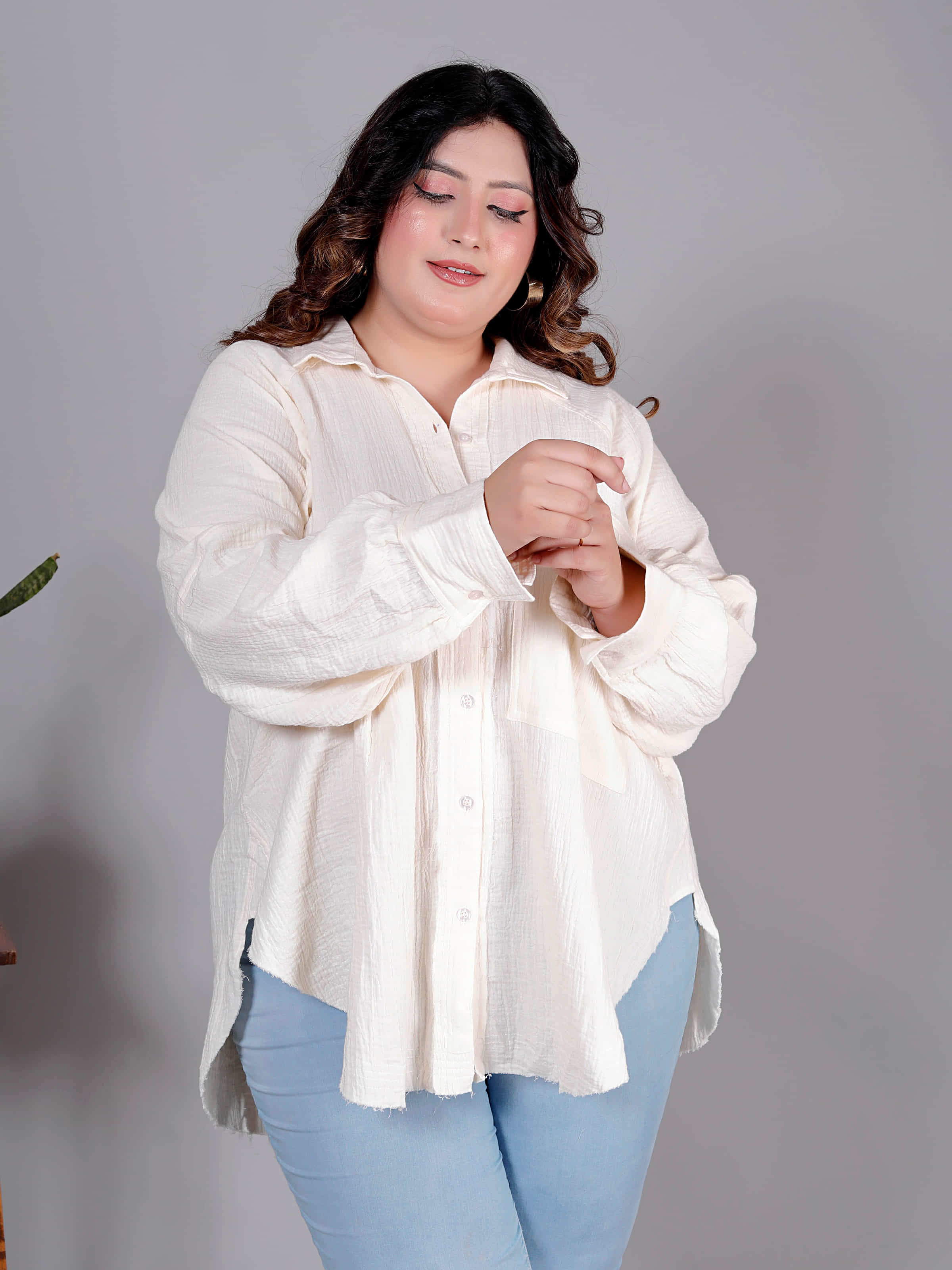Ivory Ease Textured Oversized Shirt - Plus Size