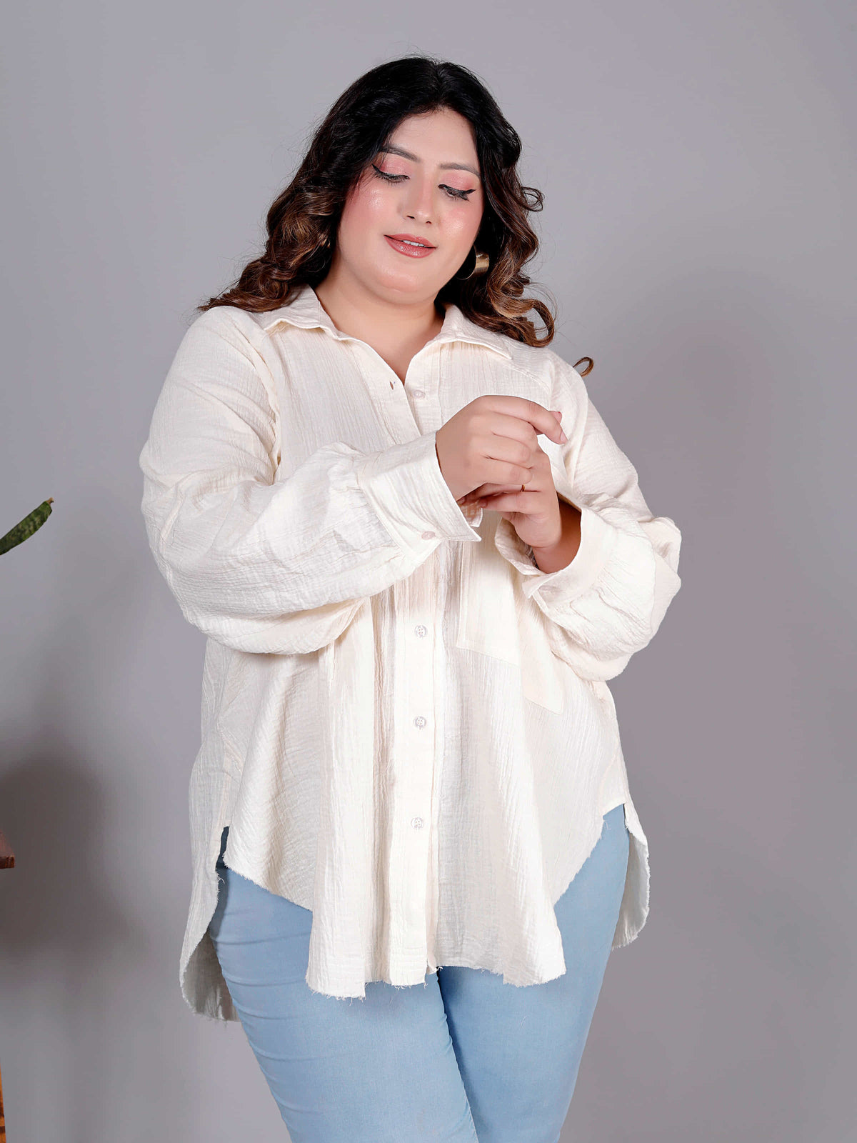 Ivory Ease Textured Oversized Shirt - Plus Size