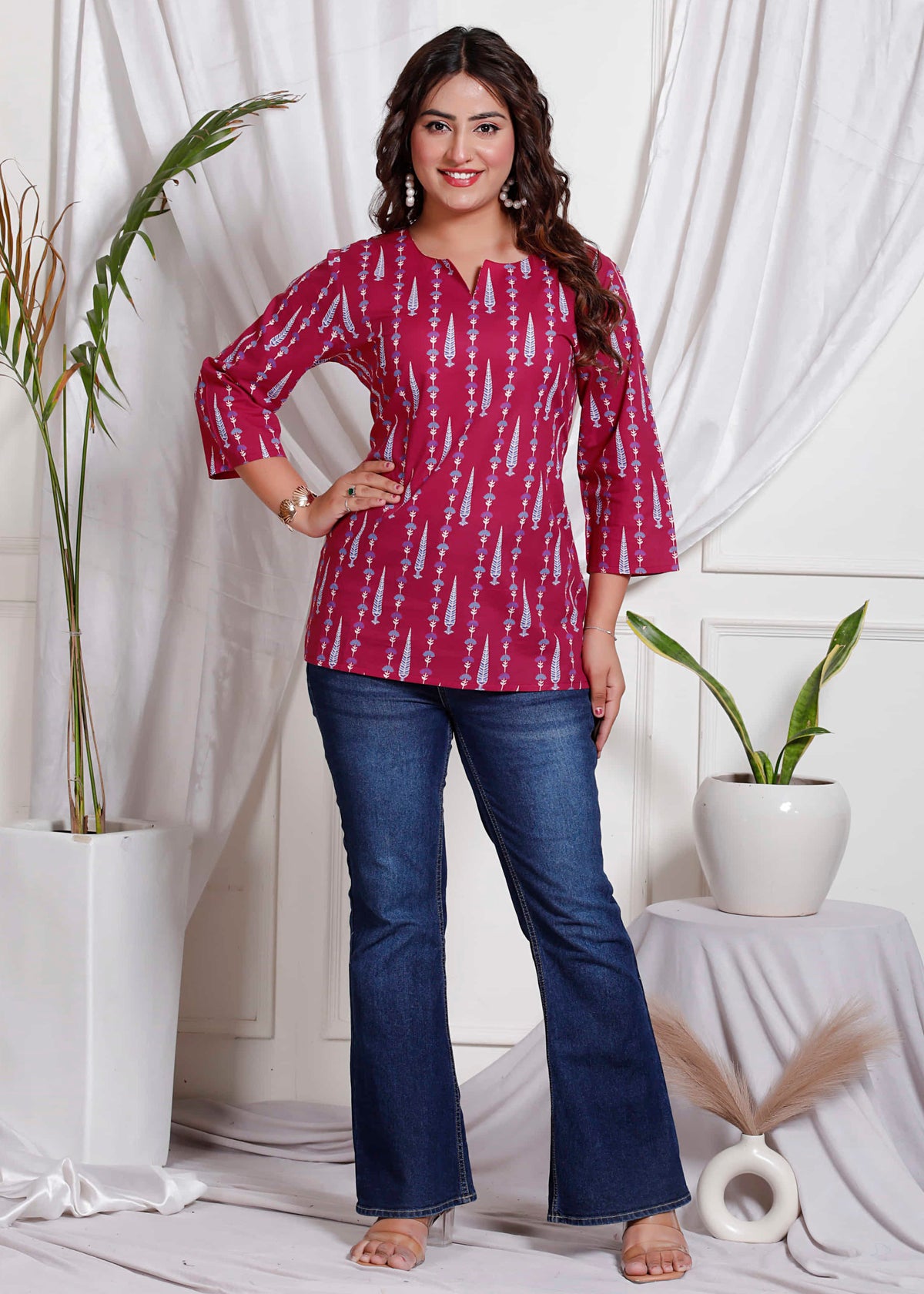 Red Cotton Printed Kurti Top