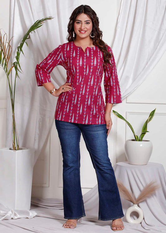 Red Cotton Printed Kurti Top