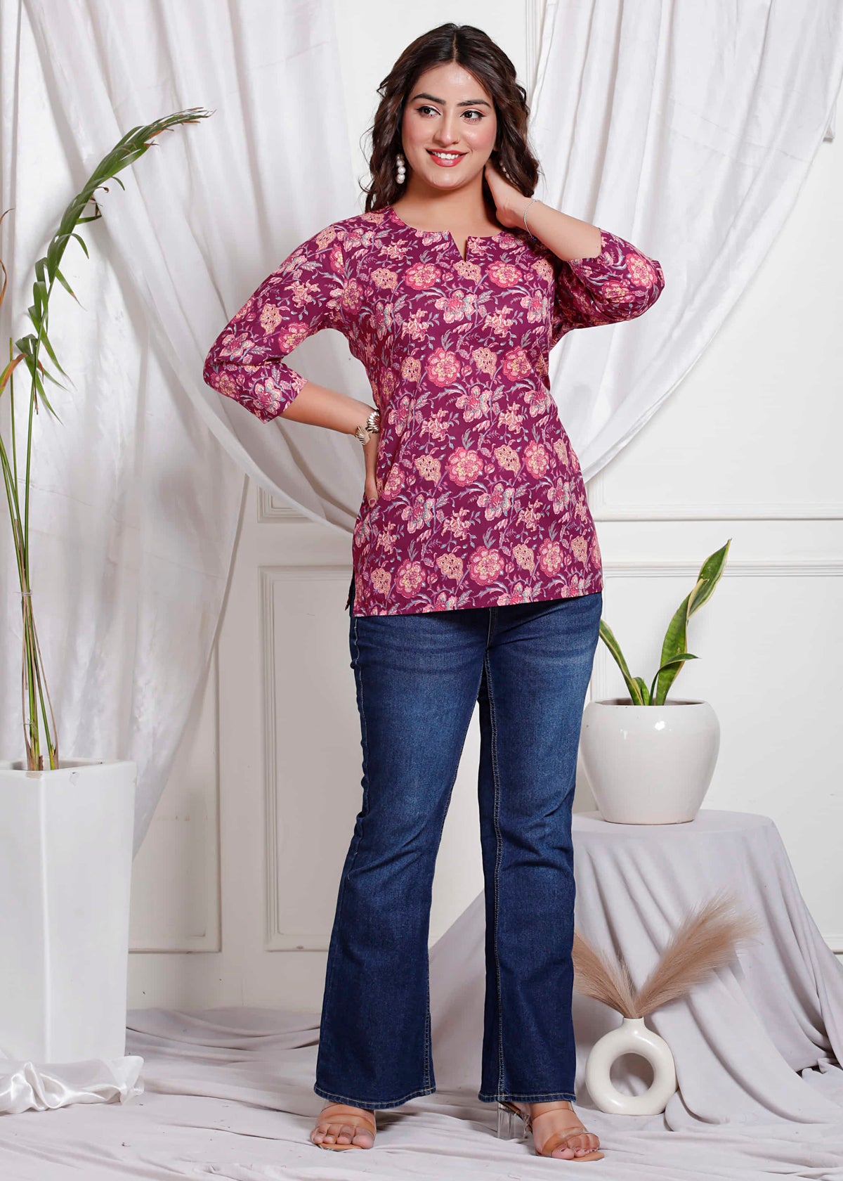 Maroon Cotton Printed Kurti Top