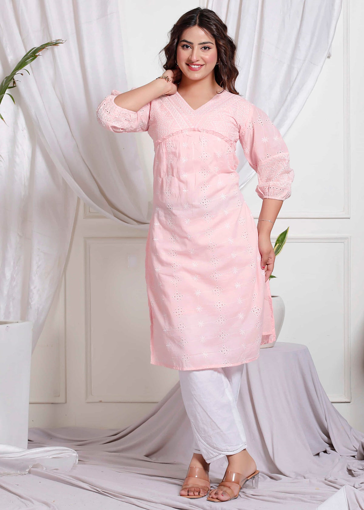 Pink Schiffli Cotton Straight Comfort Kurti
