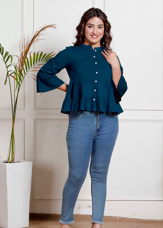 Dobby Texture Teal Peplum Top