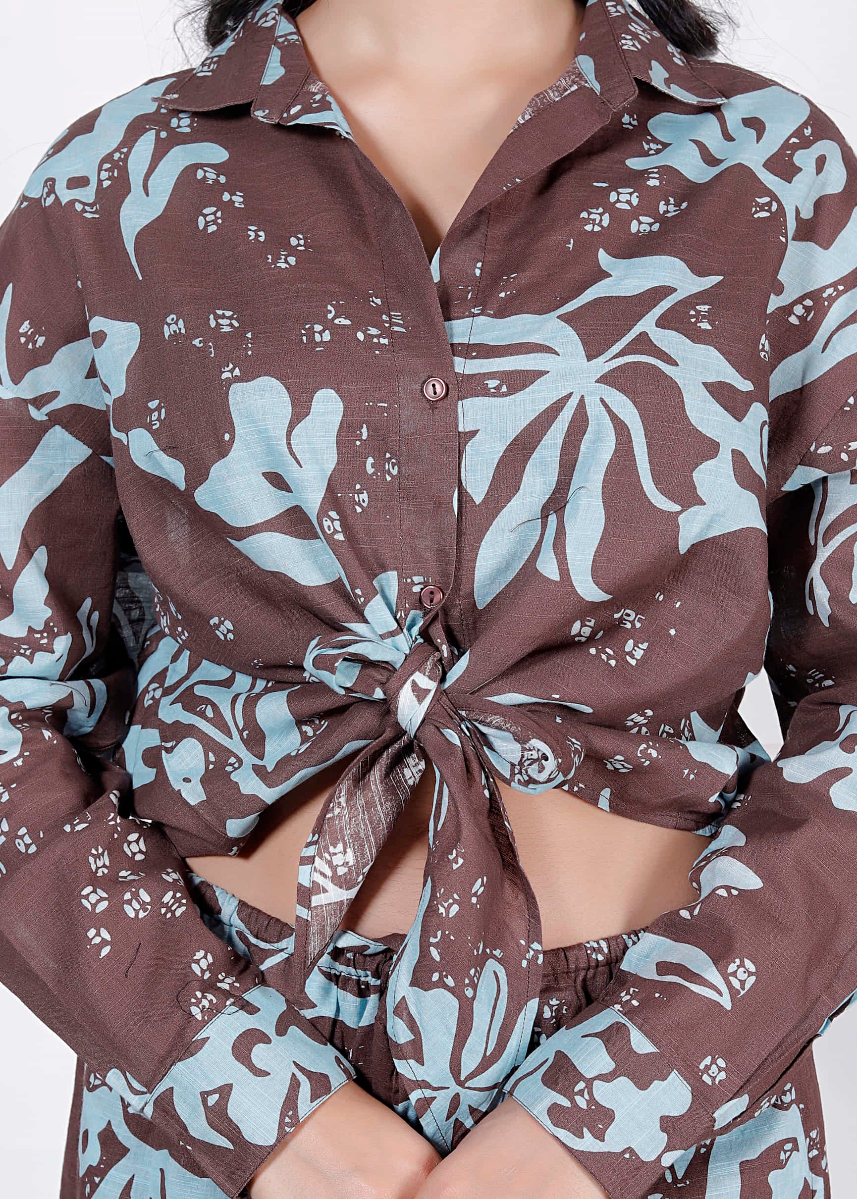 Mocha Blue Tropical Tie-Up Co-Ord Set