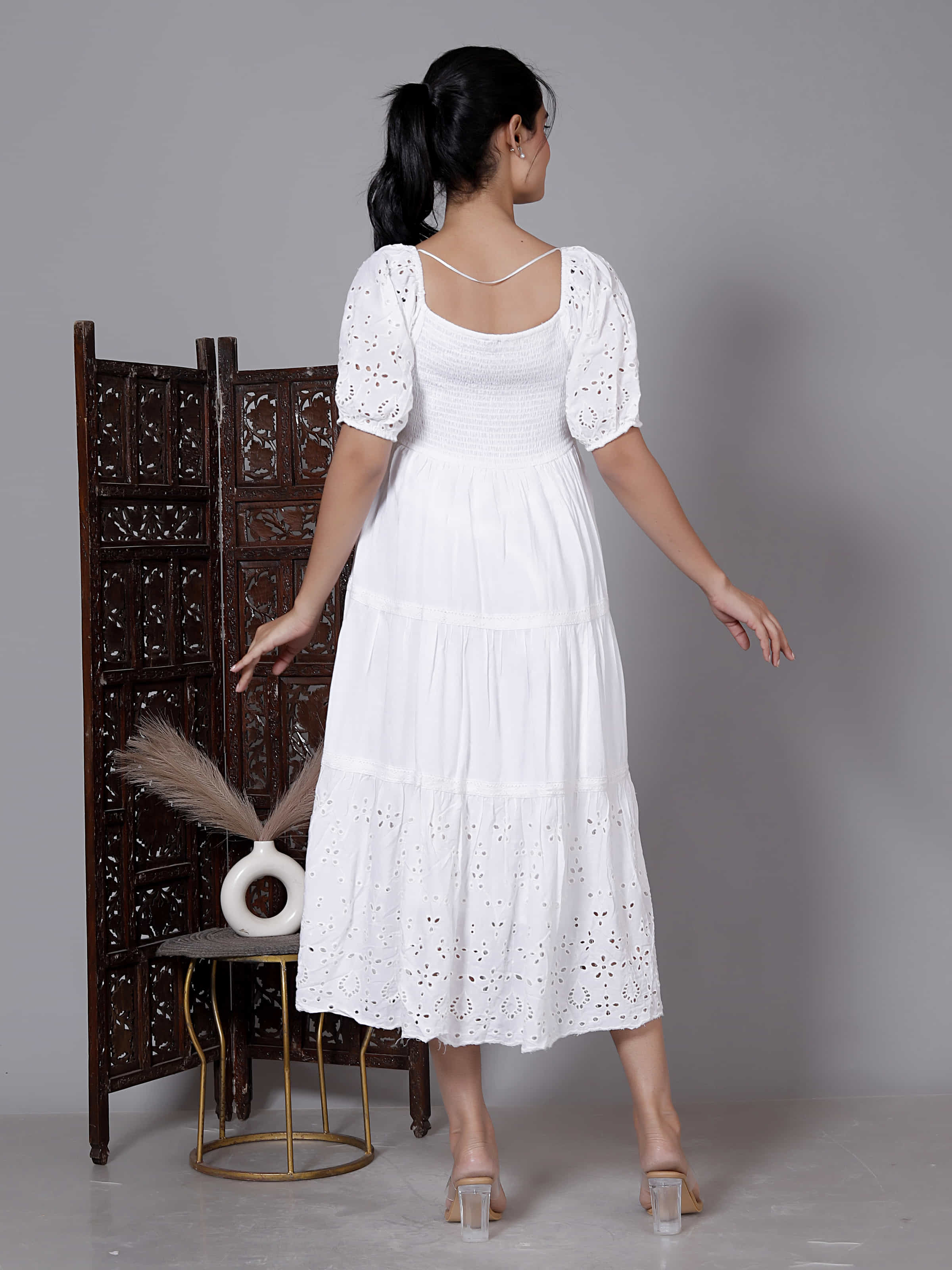 White Schiffli Puff Sleeve Dress