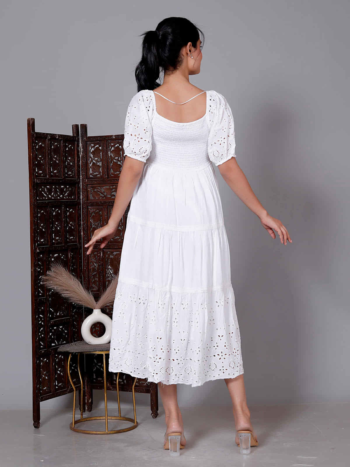 White Schiffli Puff Sleeve Dress