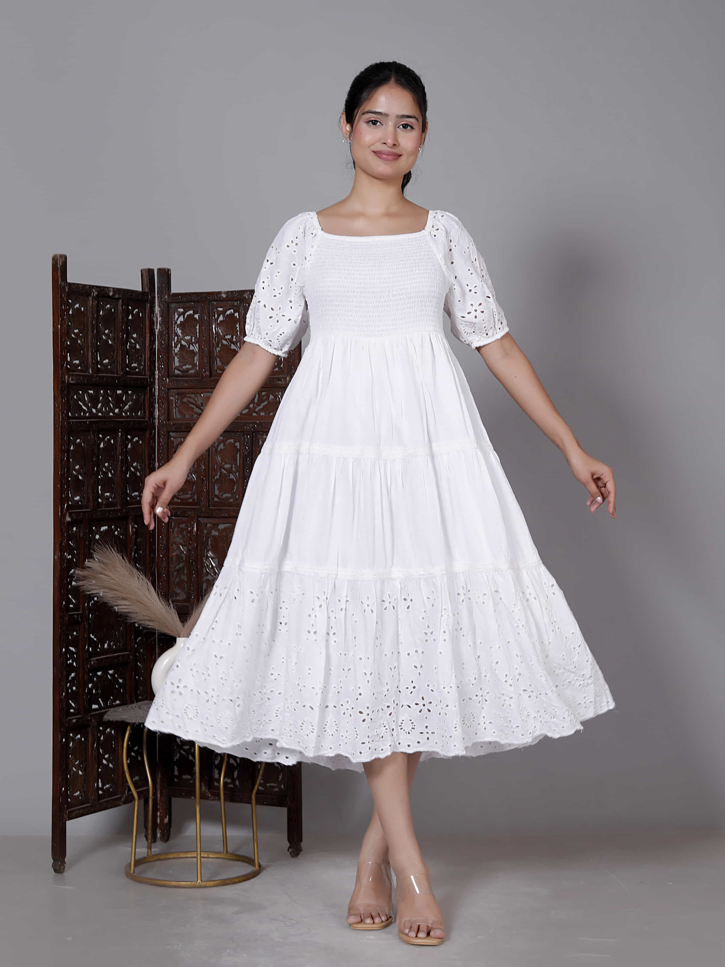 White Schiffli Puff Sleeve Dress