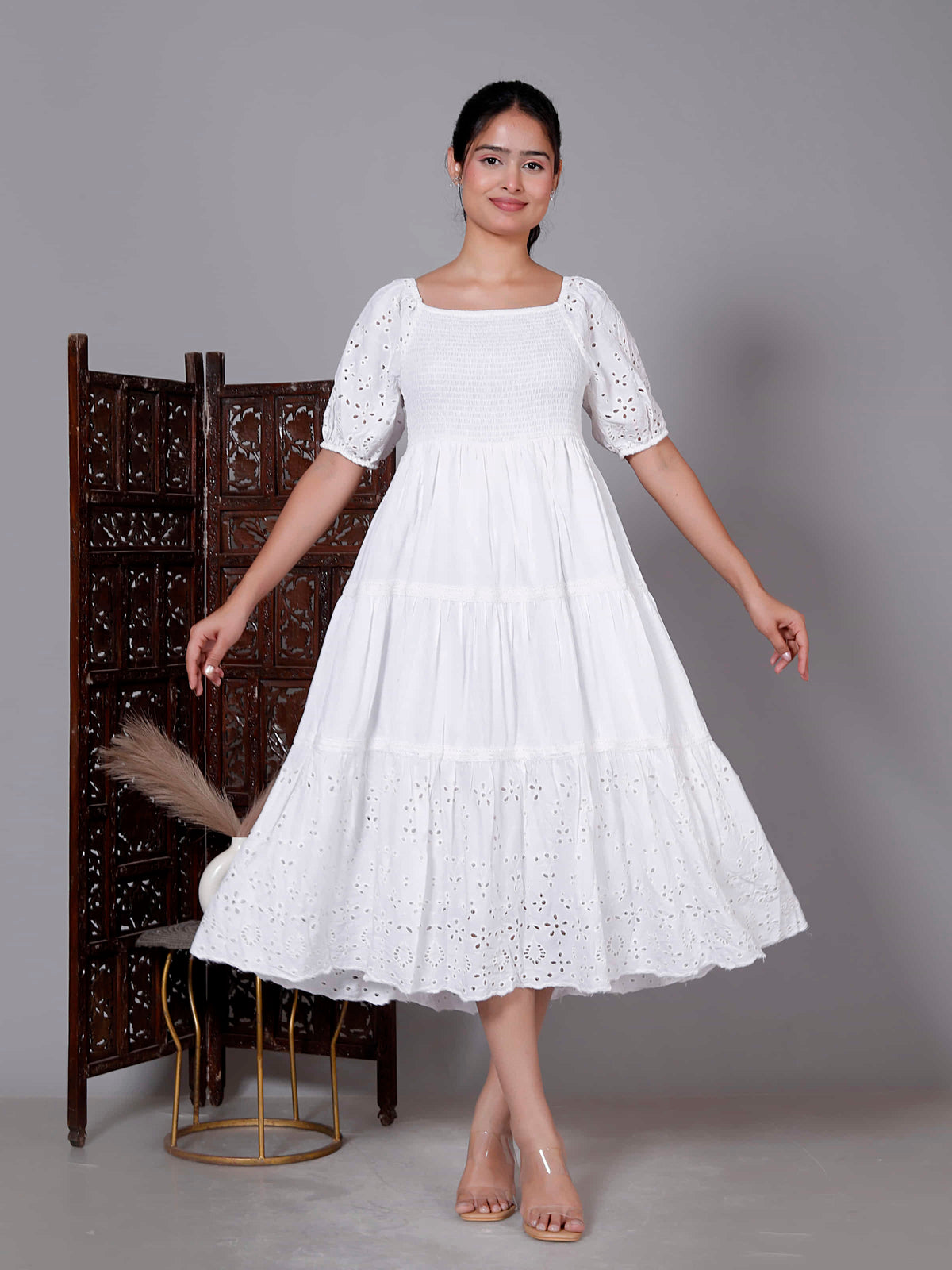 White Schiffli Puff Sleeve Dress