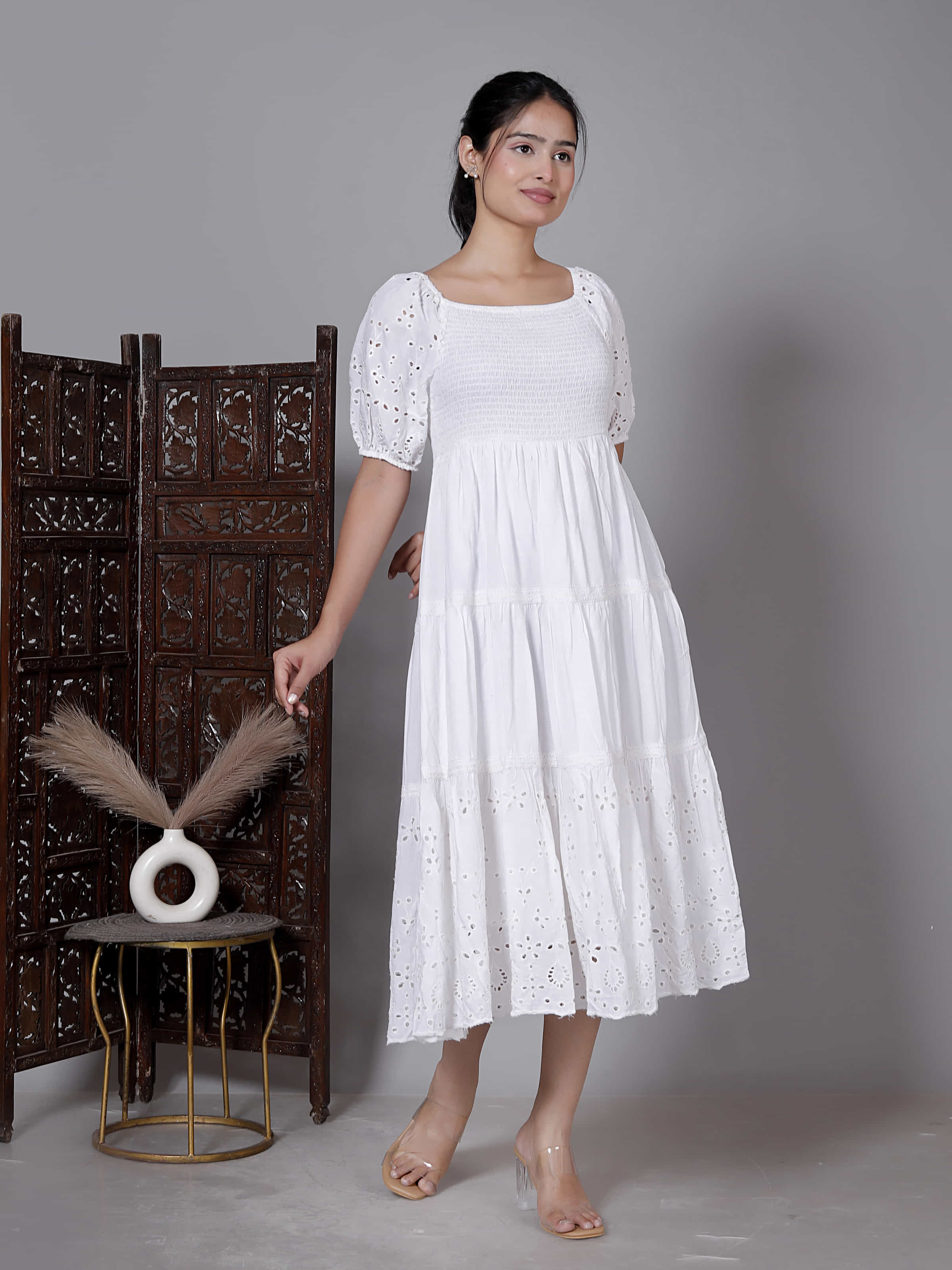 White Schiffli Puff Sleeve Dress