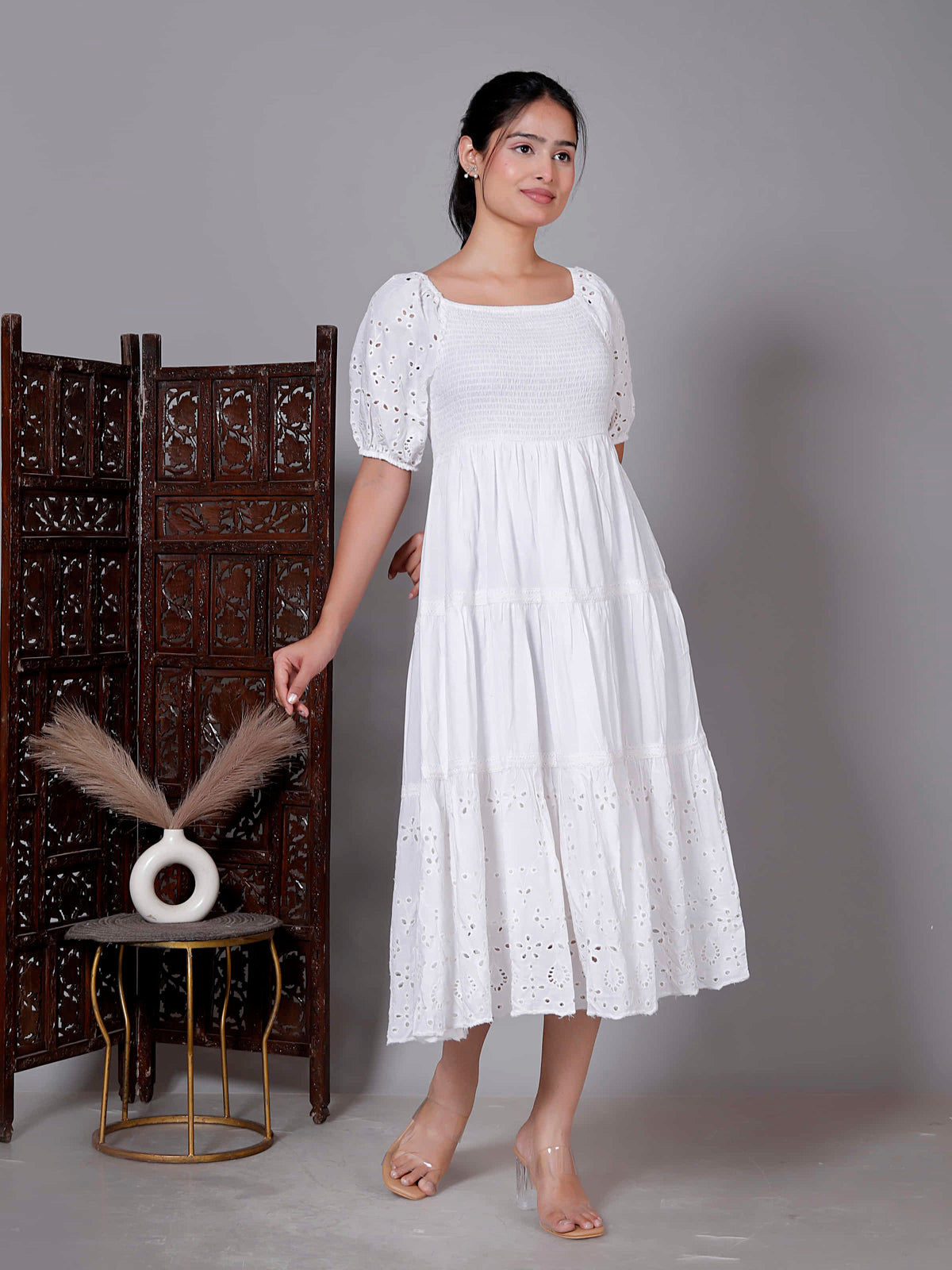 White Schiffli Puff Sleeve Dress