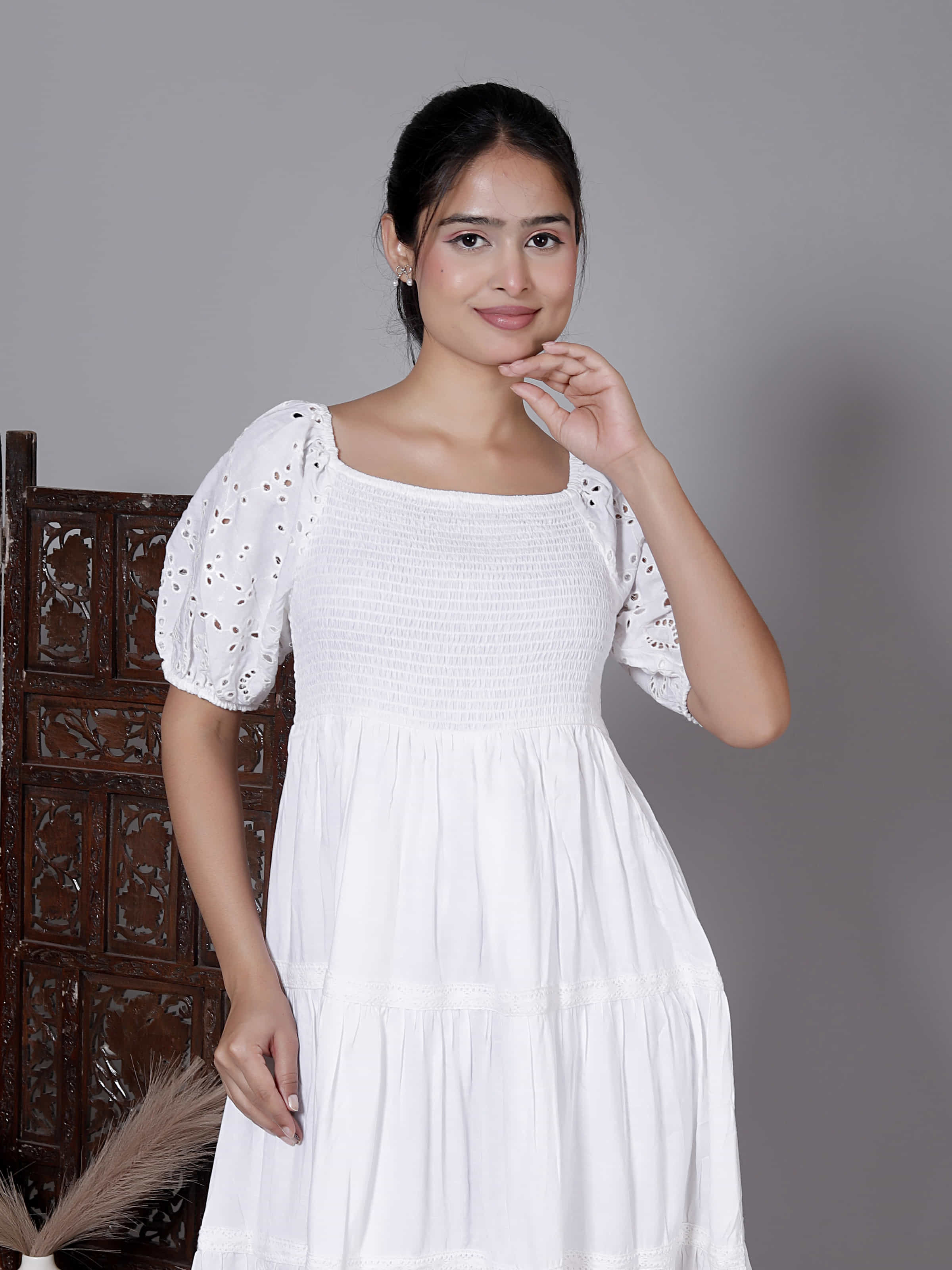 White Schiffli Puff Sleeve Dress